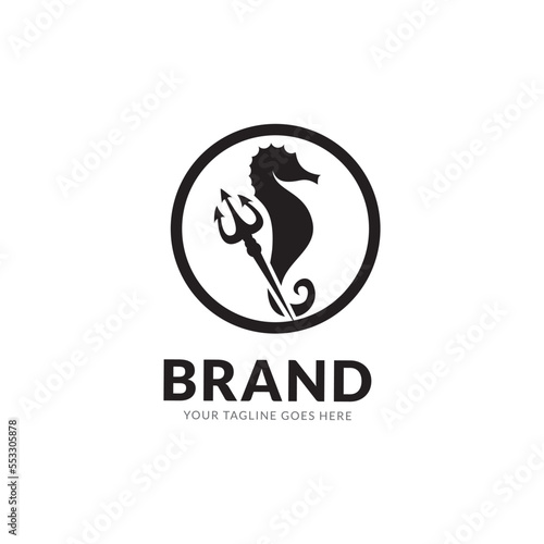 Logo neptune or poseidone on seahorse like a cowboy with trident. Isolated vintage marine logotype.