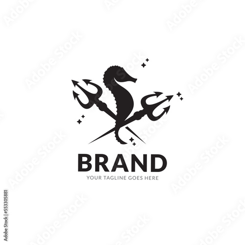 Logo neptune or poseidone on seahorse like a cowboy with trident. Isolated vintage marine logotype.
