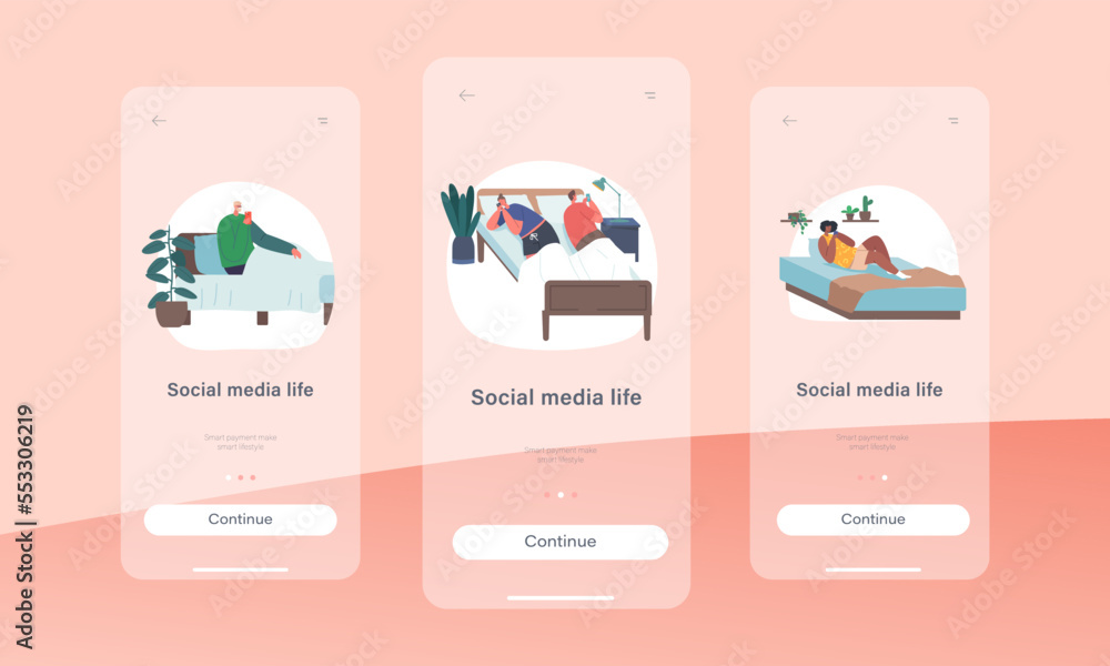 Social Media Life Mobile App Page Onboard Screen Template. Male or Female Characters Lying with Smartphones in Bed Social Media Life Mobile App Page Onboard Screen Template. Male or Female Characters Lying with Smartphones in Bed