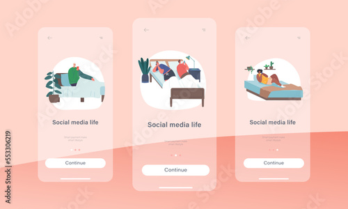 Social Media Life Mobile App Page Onboard Screen Template. Male or Female Characters Lying with Smartphones in Bed