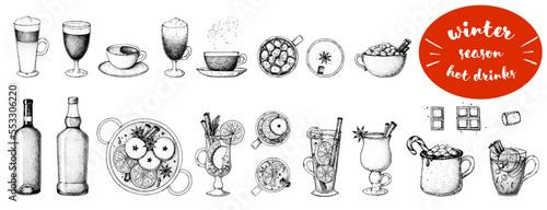 Hot drinks. Mulled wine, winter hot drink top view. Hand drawn sketch. Vector illustration. Design elements. Sketch collection. Christmas bar menu. Mulled wine, coffee and tea. Hot drinks set.