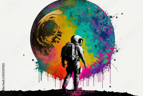astronaut with a moon, graffiti style, colorful