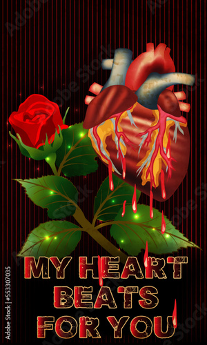 Anti Valentines day card,  flower rose and heart with blood, vector illustration