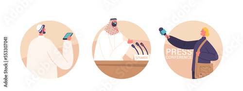 Arab Press Conference Isolated Round Icons, Avatars. Saudi Man on Tribune Speak to Audience, Journalists, Press Workers