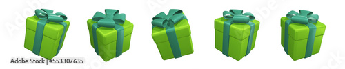 Set of green gift boxes with turquoise ribbon and bow. Isolated on a transparent background. 3d render