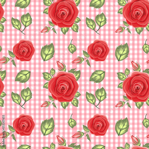 Roses vector with seamless pattern on a gingham plaid background