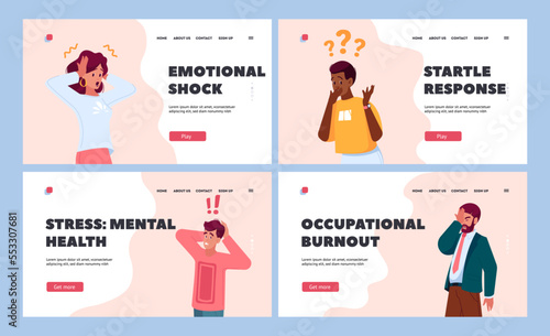 Shocked People Landing Page Template Set. Young Men and Women with Open Mouths and Excited Reactions