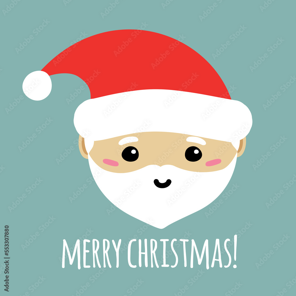 Vector flat hand drawn Santa Claus face and merry Christmas text isolated on mint background Vector flat hand drawn Santa Claus face and merry Christmas text isolated on mint background
