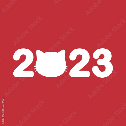 Photography Vector flat 2023 lettering with cat face silhouette isolated on red background