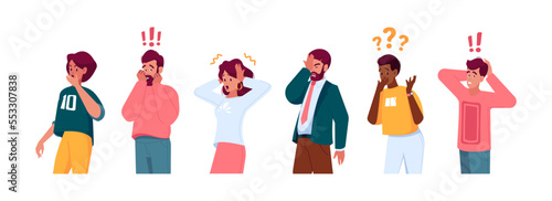 Set of Surprised or Shocked People, Amazed, Young Men and Women Express Excitement Emotions with Open Mouths