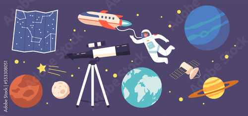 Set of Icons Astronomy Science Learning, Interstellar Travel. Telescope, Sky Map, Planets and Stars in Space, Astronaut