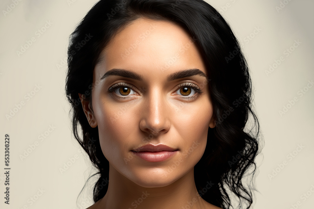 Naklejka premium Close up portrait of a beautiful hispanic woman against a plain background. Generative ai