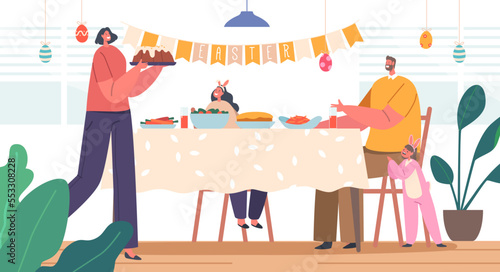 Happy Family Father, Mother and Little Kids Sitting Having Easter Dinner Sitting Table with Different Food on Kitchen