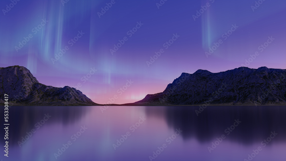 Blue Aurora Borealis over Rocky Terrain. Magical Northern Lights