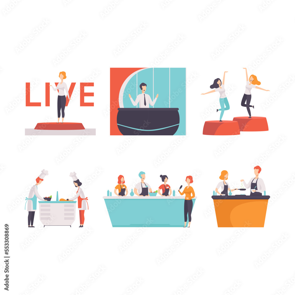 Tv Show and Television Program with People Participating in Cooking, Voice Show, and Live News Streaming Studio Vector Set Tv Show and Television Program with People Participating in Cooking, Voice Show, and Live News Streaming Studio Vector Set