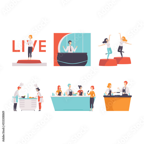 Tv Show and Television Program with People Participating in Cooking, Voice Show, and Live News Streaming Studio Vector Set