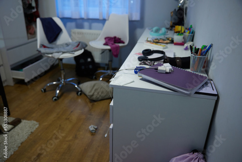 mess  disorder and interior concept - view of messy home kid s room with scattered stuff
