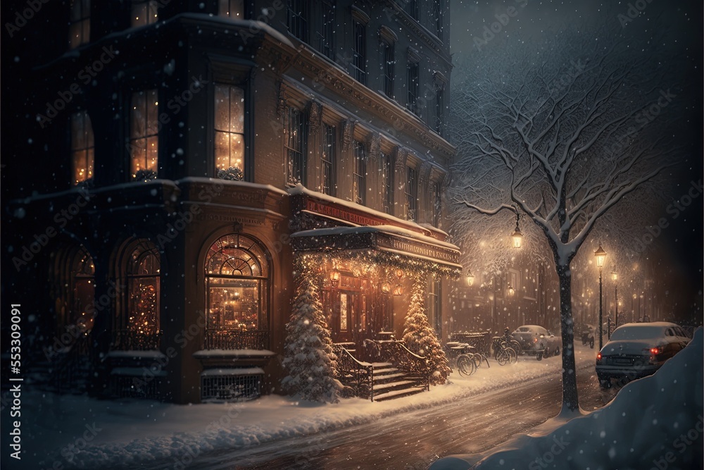 Old winter city, decebmber, Snow, Cinematic lightig. Magical scene. Ai Generative