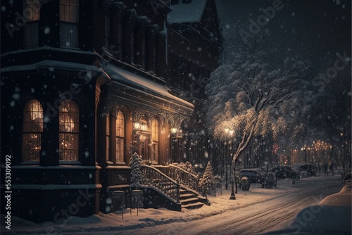 Old winter city, decebmber, Snow, Cinematic lightig. Magical scene. Ai Generative photo