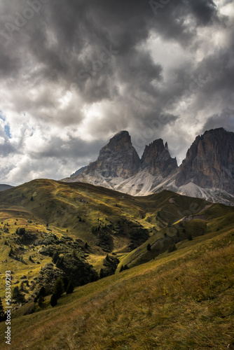 Clouds over mountain Sella Pass in Dolomites