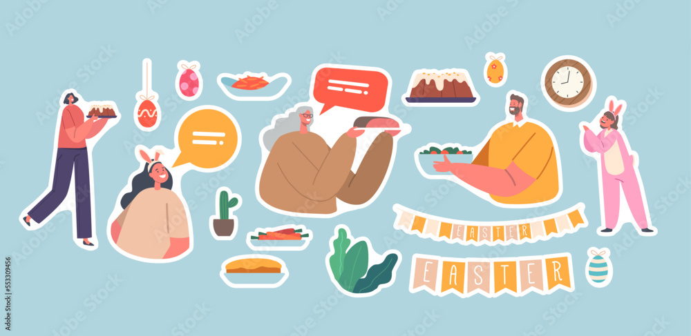 Set of Stickers Happy Family Characters Mother, Father, Granny and Kids Having Easter Dinner. People Eating Meals