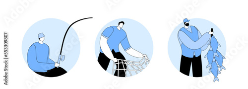 Fishermen Holding Rod, Net and Fish Haul. Fishing Isolated Round Icons or Avatars. Outdoor Relaxing Summertime Hobby