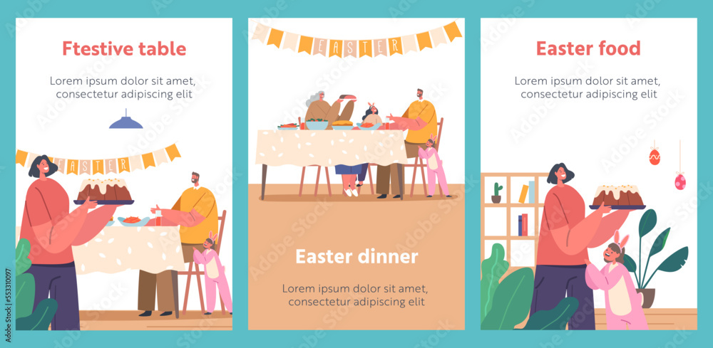 Easter Dinner Cartoon Banners. Happy Family Characters Mother, Father, Granny and Kids Around Festive Table