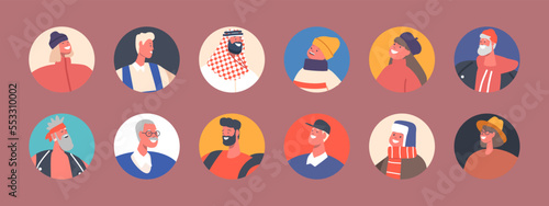 Set of People Avatars, Isolated Round Icons. Male or Female Characters Portraits for Social Media Web Design, Men, Women