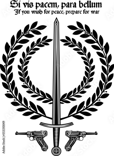 Sword and gun with wreaths