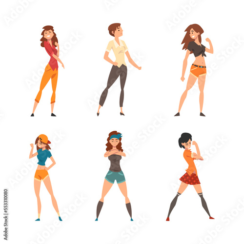 Young Woman Standing in Brave Pose Feeling Strength and Power Vector Set