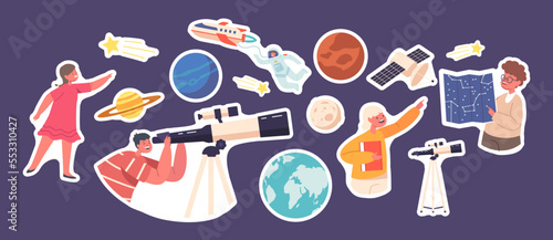 Set of Stickers Children Study Astronomy Science. Kids Look In Telescope, Curious Little Boys and Girls Observe Space