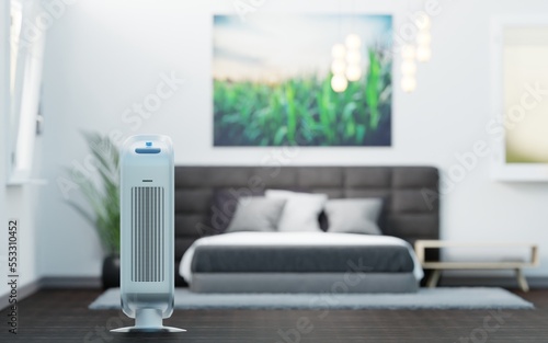 Air purifier on the background of the room, bedroom. The concept of health protection, taking care of clean air. 3d rendering, 3d illustration.