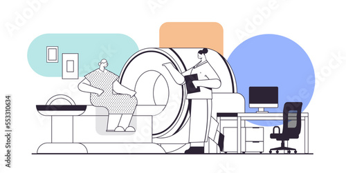 doctor with senior patient in tomography machine magnetic resonance imaging mri equipment hospital radiology