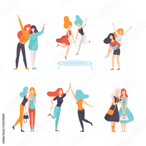 Female Friend Spending Time Together Embracing, Jumping on Trampoline, Giving High Five, Gossiping and Walking Vector Set