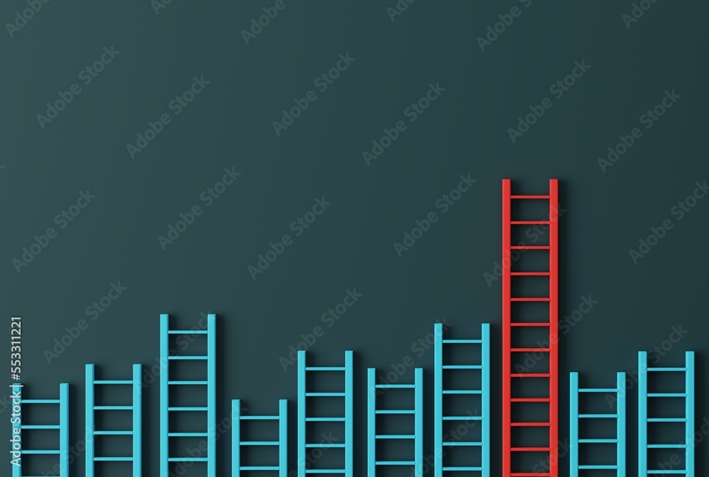 Ladders against the wall and one of a different color reaching higher