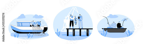 Set Fishing Industry and Hobby. Professional Fishermen Working in Fishery on Large Ship, Catching Fish with Rods in Boat