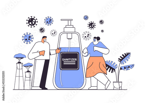 people in masks applying antibacterial spray disinfection against virus bacteria stop coronavirus use hand sanitizer