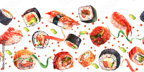 Fototapeta Naklejka Na Ścianę i Meble -  Watercolor horizontal flatlay composition seamless border with traditional Japanese sushi on white background.