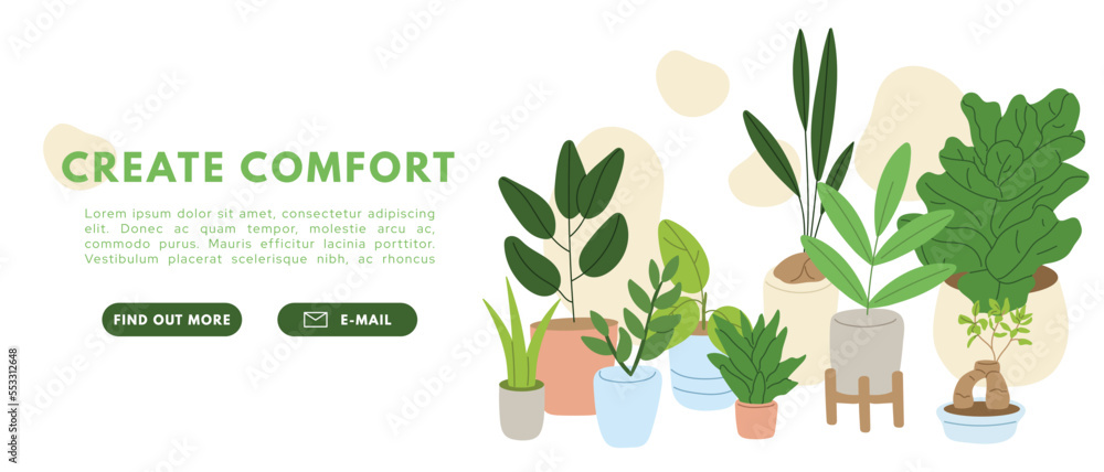House plants set. Create comfort interior. Green decor. Flat vector illustration