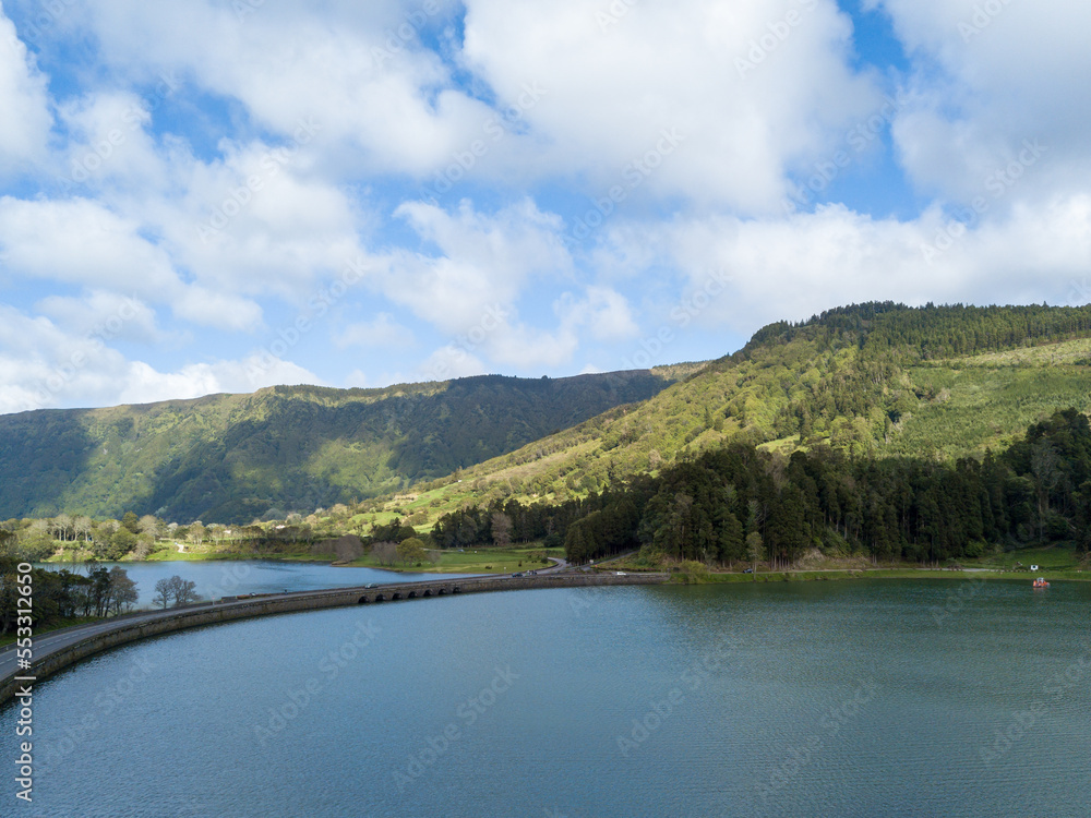 Lake of Sete Cidades, landscape view of the bridge and the lake. São Miguel island in the Azores. Lake of Sete Cidades, landscape view of the bridge and the lake. São Miguel island in the Azores.