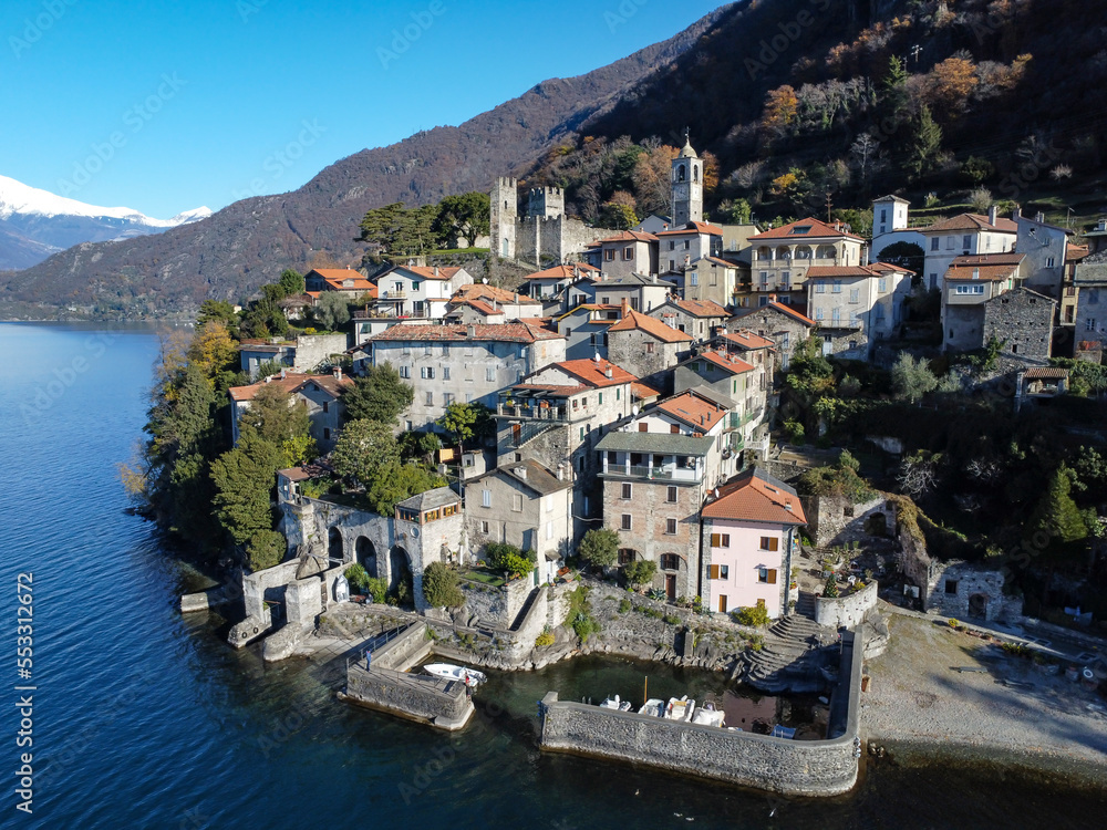 Aerial view of Corenno Plinio a village on Lake Como