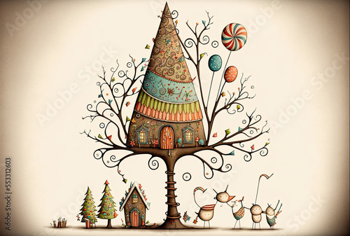 Adorable christmas postcard of the exterior of a home with a really big christmas tree with beautiful decorations above some characters holding hands