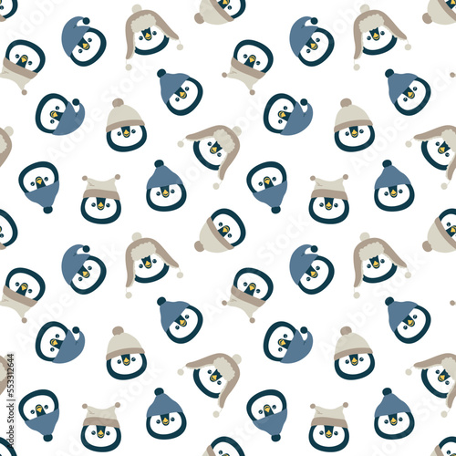 Vector seamless pattern with cute muzzles of penguins in hats