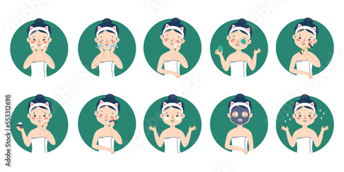 A beautiful woman takes care of her face skin step by step. Big vector set. Illustration in a circle isolated on white background