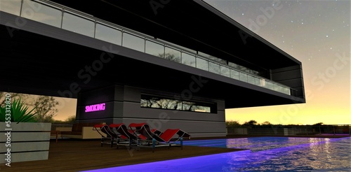 Stunning night sky an hour before sunrise. Amazing pool on the roof top of the contemporary exclusive house. 3d rendering. © Oleksandr