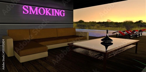 A cozy gazebo for an evening break. The inscription smoking on the wall. Sofa table and ashtray. Swimming pool with sun loungers. 3d rendering.