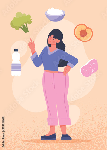 Healthy diet concept. Woman with fruits, vegetables and milk. Healthcare and active lifestyle, fitness and sports. Metaphor of balanced nutrition and healthy eating. Cartoon flat vector illustration