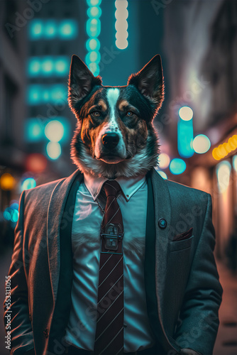 A dog is wearing a suit in a city © filmbildfabrik