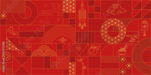 Geometric chinese pattern. Red golden asian luxury ornament.