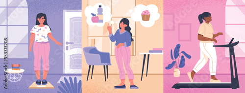 Obese people set. Collection of posters or banner olv for website. Young girl gets on scale, plans diet and goes in for sports. Avtibve lifestyle and fitness. Cartoon flat vector illustration